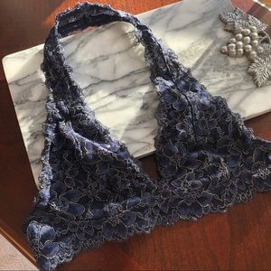 Navy and gold halter lace bralette